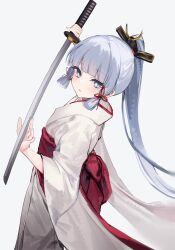 Rule 34 | 1girl, absurdres, alternate costume, ayaka (genshin impact), blue eyes, blunt bangs, commentary, genshin impact, grey background, grey hair, highres, holding, holding sword, holding weapon, japanese clothes, katana, kimono, kitere, long hair, long sleeves, looking at viewer, parted lips, ponytail, sidelocks, simple background, solo, sword, very long hair, weapon, white kimono
