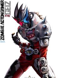 Rule 34 | 1boy, 2016, adapted costume, alternate costume, artist name, black gloves, blue eyes, body armor, bodysuit, character name, cosplay, dangerous zombie level x, gloves, heterochromia, highres, kamen rider, kamen rider ex-aid (series), kamen rider geiz, kamen rider genm, kamen rider genm (cosplay), kamen rider zi-o (series), male focus, max-k, outstretched arms, red bodysuit, red eyes, rider watch, shoulder spikes, solo, spiked hair, spikes, spine, visor, ziku driver, zombie pose