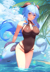 Rule 34 | 1girl, absurdres, ahoge, black one-piece swimsuit, blue hair, blush, breasts, cleavage, cloud, cloudy sky, covered navel, cowboy shot, day, ganyu (genshin impact), genshin impact, halterneck, highres, horns, large breasts, long hair, looking at viewer, low ponytail, one-piece swimsuit, partially submerged, parupome, purple eyes, qilin (mythology), sidelocks, sky, smile, solo, standing, swimsuit, wading, wet