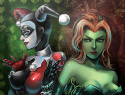 Rule 34 | 2girls, animification, awa suna, bad id, bad pixiv id, batman (series), black gloves, blue eyes, bodysuit, breasts, cleavage, colored skin, dc comics, domino mask, elbow gloves, facepaint, female focus, gloves, green eyes, green gloves, green skin, harley quinn, hat, impossible clothes, jester, jester cap, leotard, lipstick, long hair, makeup, mask, multiple girls, orange hair, poison ivy, red gloves, red hair, skin tight