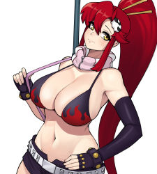 Rule 34 | 1girl, belt, bikini, bikini top only, breasts, cleavage, closed mouth, donburi (donburikazoku), fingerless gloves, flame print, gloves, hair between eyes, hair ornament, hand on own hip, high ponytail, highres, large breasts, long hair, looking at viewer, navel, ponytail, red hair, scarf, short shorts, shorts, simple background, skull hair ornament, smile, solo, stomach, striped clothes, striped scarf, studded belt, swimsuit, tengen toppa gurren lagann, thighs, very long hair, white background, wrist cuffs, yellow eyes, yoko littner