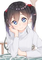 Rule 34 | 1girl, black hair, blue eyes, blurry, blush, bow, chair, depth of field, hair between eyes, hair bow, hair strand, hand on own cheek, hand on own face, hand on table, hand up, head rest, head tilt, highres, looking at viewer, original, ribbed sweater, sitting, smile, solo, suzunari shizuku, sweater, table, turtleneck, turtleneck sweater, twintails, upper body, yuki arare