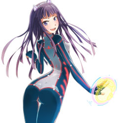 Rule 34 | 10s, 1girl, animal ears, arched back, ass, blue eyes, blush, bodysuit, butt crack, fingerless gloves, gloves, guilty crown, hairband, highres, long hair, looking at viewer, looking back, open mouth, smile, solo, stds, thigh gap, tsugumi (guilty crown)