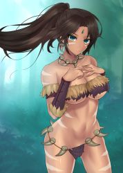 Rule 34 | 1girl, bare shoulders, body markings, breasts, brown hair, cleavage, dark-skinned female, dark skin, earrings, ero waifu, facial mark, tooth necklace, feather hair ornament, feathers, forehead jewel, green eyes, feather hair ornament, hand on own chest, jewelry, large breasts, league of legends, long hair, looking at viewer, midriff, navel, nidalee, outdoors, parted lips, ponytail, solo, standing, stomach