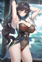 Rule 34 | 1girl, absurdres, adapted costume, alternate hairstyle, aqua collar, aqua dress, armpits, arms behind head, arms up, black hair, black leotard, blurry, blurry background, blush, breasts, cleavage, commentary request, covered erect nipples, covered navel, cowboy shot, detached collar, dress, earrings, flower, green eyes, hair between eyes, hair flower, hair intakes, hair ornament, highres, honkai: star rail, honkai (series), jewelry, leotard, long hair, looking at viewer, multicolored hair, parted lips, partial commentary, ponytail, pussy, ruan mei (honkai: star rail), see-through clothes, see-through leotard, sidelocks, solo, standing, strapless, strapless leotard, streaked hair, uncensored, variant set, very long hair, wu ganlan cai