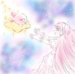 Rule 34 | 1girl, absurdly long hair, blush, closed eyes, commentary request, crossover, dress, gloves, hoshinekirakira, kaname madoka, kirby, kirby (series), long hair, mahou shoujo madoka magica, nintendo, open mouth, outstretched arms, pink hair, smile, space, sparkle, star (sky), trait connection, ultimate madoka, very long hair, warp star, white dress, white gloves, yellow eyes