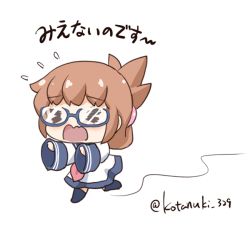 Rule 34 | &gt; &lt;, 10s, 1girl, bespectacled, black legwear, commentary request, dress, closed eyes, flying sweatdrops, folded ponytail, gale kawaii, glasses, inazuma (kancolle), kantai collection, long hair, long sleeves, nanodesu (phrase), open mouth, ponytail, running, sailor collar, sailor dress, simple background, sleeves past wrists, solo, translation request, twitter username, wavy mouth, white background