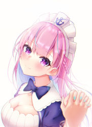 Rule 34 | 1girl, 1other, absurdres, blue bow, blue dress, blue hair, blue nails, blush, bow, braid, breasts, cleavage, closed mouth, collarbone, commentary request, dress, highres, holding hands, hololive, interlocked fingers, looking at viewer, maid headdress, medium breasts, minato aqua, minato aqua (1st costume), multicolored hair, nail polish, neko punch (user hddm3373), pink hair, pov, purple eyes, simple background, smile, streaked hair, two-tone hair, upper body, virtual youtuber, white background