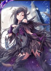 Rule 34 | 1girl, akkijin, black dress, black feathers, black hair, bridge, card (medium), clock, clock tower, dress, feathers, gloves, hair ornament, hand on own chest, looking at viewer, moon, night, night sky, purple gloves, red eyes, shinkai no valkyrie, sky, solo, telescope, thighhighs, tower