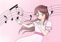 Rule 34 | 1girl, artist name, artist request, blush, bow, brown eyes, brown hair, clenched hand, collarbone, dress, female focus, hair bow, highres, jewelry, long hair, looking at viewer, love live!, love live! school idol festival, love live! sunshine!!, musical note, musical note background, necklace, parted lips, pearl necklace, pink bow, pink dress, pink scrunchie, pink skirt, polka dot, polka dot scrunchie, puffy short sleeves, puffy sleeves, red hair, riba (riverside0403), sakurauchi riko, scrunchie, short sleeves, skirt, smile, solo, sparkle, white bow, wrist scrunchie, yellow eyes