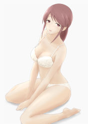 Rule 34 | 1girl, 1mm (norizo), :o, barefoot, bra, breasts, brown hair, cleavage, collarbone, full body, highres, idolmaster, idolmaster cinderella girls, lace, lace-trimmed bra, lace-trimmed panties, lace trim, looking at viewer, medium breasts, mifune miyu, own hands together, panties, ponytail, red eyes, simple background, sitting, skindentation, solo, underwear, underwear only, wariza, white bra, white panties
