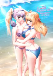 Rule 34 | 2girls, ass, bikini, blonde hair, blue eyes, breast press, breasts, cleavage, curly hair, day, fiora (xenoblade), from behind, green eyes, head wings, highres, large breasts, looking back, melia antiqua, mercury xeno, multiple girls, nintendo, open mouth, outdoors, silver hair, swimsuit, symmetrical docking, twitter username, water, wings, xenoblade chronicles (series), xenoblade chronicles 1