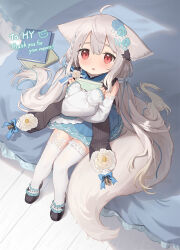 Rule 34 | :o, ahoge, animal ear fluff, animal ears, ascot, asymmetrical legwear, bare shoulders, bed sheet, bedroom, bell, black footwear, black sash, blue bow, blue dress, blue ribbon, blush, book, bow, bowtie, braid, child, cloneko (zelmeledf2), collar, collared dress, commission, detached sleeves, dress, flower, fox ears, fox girl, fox tail, frilled collar, frilled dress, frilled sleeves, frills, full-face blush, full body, hair between eyes, hair ornament, hair scrunchie, highres, holding, holding book, hugging book, hugging object, knees together feet apart, large ears, large tail, layered dress, legs together, light, long hair, long sleeves, looking at viewer, low twintails, mismatched legwear, on bed, open mouth, original, puffy long sleeves, puffy sleeves, red eyes, ribbon, rose, sakurada shiro (hy plus), sakurada shiro (original) (hy plus), sash, scrunchie, shadow, short dress, side braid, sitting, skeb commission, sleeveless, sleeveless dress, sleeves past wrists, solo, tail, thank you, thighhighs, twintails, vertical-striped sash, very long hair, white ascot, white dress, white flower, white hair, white rose, white thighhighs