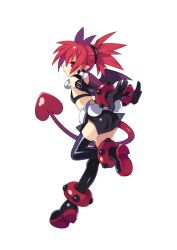Rule 34 | 1girl, black gloves, demon girl, demon tail, demon wings, disgaea, earrings, elbow gloves, etna (disgaea), full body, gloves, highres, jewelry, official art, pointy ears, red eyes, red hair, skull earrings, slit pupils, solo, tail, transparent background, trinity universe, tsunako, twintails, wings