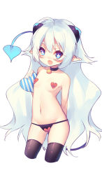 Rule 34 | 1girl, ao jun, bell, black thighhighs, blue eyes, box, collar, contrapposto, covered erect nipples, demon horns, demon tail, elsword, flat chest, heart, heart-shaped box, heart panties, heart pasties, heart print, horns, jingle bell, long hair, looking at viewer, luciela r. sourcream, navel, neck bell, panties, pasties, pointy ears, print panties, solo, standing, tail, thighhighs, underwear, valentine, very long hair, white hair