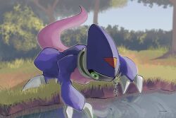 Rule 34 | absurdres, all fours, bemmon, blurry, blurry background, chain, claws, commentary, digimon, digimon (creature), facial mark, forehead mark, grass, head-mounted display, highres, lake, looking down, no humans, notaventura, reflection, tail