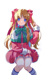 Rule 34 | 1girl, absurdres, adjusting hair, akayama yukihe, alternate costume, blue eyes, blush, bow, capelet, closed mouth, commentary request, dress, eyes visible through hair, feet out of frame, frown, green bow, hair between eyes, hair over shoulder, hair ribbon, hand on own thigh, hand up, highres, kanon, knees together feet apart, long hair, long ribbon, long sleeves, looking to the side, orange hair, red dress, red ribbon, ribbon, sawatari makoto, school uniform, short dress, sidelighting, simple background, sitting, socks, solo, straight hair, two side up, very long hair, white background, white capelet, white socks