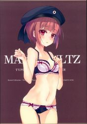 Rule 34 | 1girl, absurdres, bare arms, bare shoulders, beret, blush, bra, breasts, cloud, hand on own chest, hands up, hat, highres, huge filesize, kantai collection, lingerie, looking at viewer, navel, panties, purple background, purple eyes, purple hair, ribbon trim, scan, shiny skin, shirokitsune, short hair, simple background, small breasts, solo, underwear, underwear only, z3 max schultz (kancolle)