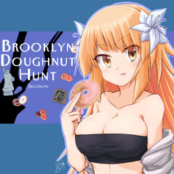 Rule 34 | 1girl, bare shoulders, blonde hair, breasts, brooklyn (kancolle), cleavage, collarbone, doughnut, eating, english text, flower, food, gradient eyes, hair flower, hair ornament, highres, holding, holding doughnut, holding food, kantai collection, large breasts, long hair, looking at viewer, multicolored eyes, solo, sosser, statue of liberty, upper body