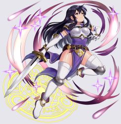 Rule 34 | 1girl, absurdres, armor, armored boots, arms up, artist name, ayra (fire emblem), belt, belt pouch, black hair, boots, breastplate, dress, earrings, elbow gloves, fire emblem, fire emblem: genealogy of the holy war, fire emblem heroes, full body, gloves, grey background, highres, holding, holding sword, holding weapon, huge filesize, jewelry, leg up, long hair, looking away, looking up, nintendo, open mouth, pauldrons, pelvic curtain, pouch, purple eyes, sarukaiwolf, sheath, short sleeves, shoulder armor, simple background, solo, sword, thighhighs, thighs, weapon