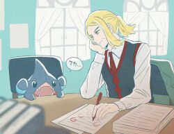 Rule 34 | 1boy, blonde hair, blurry, book, closed mouth, collared shirt, commentary request, creatures (company), curtains, game freak, gen 4 pokemon, gible, hassel (pokemon), head rest, highres, holding, holding pen, indoors, long sleeves, looking down, male focus, necktie, nintendo, paper, pen, pokemon, pokemon (creature), pokemon sv, ponytail, red necktie, shirt, shiruku (gp oro8), sidelocks, smile, speech bubble, table, vest, white shirt, window, yellow eyes