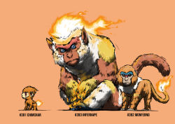 Rule 34 | absurdres, all fours, animal focus, black eyes, blacknirrow, blue eyes, character name, chimchar, closed mouth, creatures (company), english text, evolutionary line, fiery hair, flame-tipped tail, full body, fur collar, game freak, gen 4 pokemon, highres, infernape, looking at viewer, monferno, monkey, nintendo, no humans, orange background, orange hair, orange theme, pokedex number, pokemon, pokemon (creature), realistic, simple background, sitting, sketch
