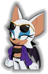 Rule 34 | 1girl, animal ears, animal nose, arm at side, bandeau, bat ears, bat girl, bat wings, belt, black bandeau, black wings, blue eyeshadow, body fur, breasts, cleavage, clenched hands, closed mouth, cowboy shot, cropped legs, digimin, eyeshadow, eyewear on head, female focus, furry, furry female, gloves, green eyes, half-closed eyes, hand on own hip, happy, jacket, lipstick, long sleeves, looking to the side, makeup, medium breasts, midriff, non-web source, official art, open clothes, open jacket, outline, pants, purple jacket, red lips, rouge the bat, semi-rimless eyewear, short hair, sideways mouth, simple background, smile, solo, sonic (series), standing, sunglasses, the murder of sonic the hedgehog, transparent background, white fur, white gloves, white hair, white pants, wings, yellow-framed eyewear