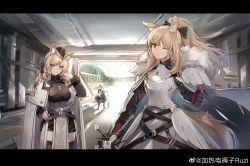 Rule 34 | 3girls, absurdres, animal ear fluff, animal ears, arena, arknights, aunt and niece, axe, black footwear, black gloves, black legwear, black skirt, blemishine (arknights), blonde hair, blue eyes, boots, brown eyes, cape, chinese commentary, closed mouth, commentary request, day, gloves, hair ornament, hand in own hair, hand on own hip, headphones, highres, holding, holding axe, holding sword, holding weapon, jia redian ruzi ruzi, kingdom of kazimierz logo, letterboxed, long hair, looking at viewer, looking away, multiple girls, nearl (arknights), outdoors, siblings, sisters, skirt, sword, thighhighs, thumbs up, weapon, weibo watermark, whislash (arknights), white cape, white hair