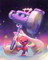 Rule 34 | colored skin, creatures (company), game freak, hammer, highres, holding, holding hammer, holding weapon, huge weapon, koriarredondo, looking at viewer, nintendo, one eye closed, open mouth, pink skin, pokemon, pokemon (creature), purple eyes, signature, smile, solo, standing, standing on one leg, tinkaton, weapon