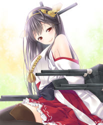 Rule 34 | 10s, 1girl, bare shoulders, black hair, black thighhighs, blush, brown eyes, hairband, haruna (kancolle), highres, ichimatsu nana, japanese clothes, kantai collection, long hair, nontraditional miko, personification, sitting, skirt, smile, solo, thighhighs, wariza