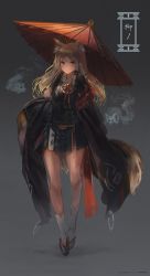 Rule 34 | 1girl, blonde hair, commentary request, grey background, grey skirt, highres, holding, inabi, japanese clothes, kimono, long hair, long sleeves, looking at viewer, oil-paper umbrella, original, pleated skirt, sandals, skirt, solo, standing, tabi, umbrella, white legwear