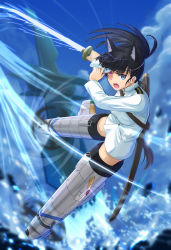 Rule 34 | 1girl, absurdres, aircraft, airplane, black hair, blue sky, brown eyes, cloud, commentary request, eyepatch, highres, holding eyepatch, huge filesize, jacket, katana, long hair, military, military uniform, no pants, open mouth, origami yakko, ponytail, sakamoto mio, sky, solo, strike witches, striker unit, sword, uniform, weapon, white jacket, world witches series
