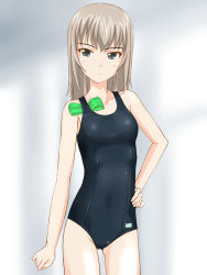 Rule 34 | 10s, 1girl, :|, bad id, bad pixiv id, blue eyes, breasts, closed mouth, collarbone, cowboy shot, girls und panzer, grey hair, hand on own hip, itsumi erika, one-piece swimsuit, school swimsuit, short hair, small breasts, solo, standing, swim cap, swimsuit, takafumi