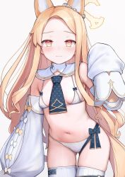 Rule 34 | 1girl, absurdly long hair, animal ears, aori (binnoaori), armpit crease, bikini, blonde hair, blue archive, blue necktie, blush, bow, bow bikini, bright pupils, closed mouth, collar, cruciform halo, detached sleeves, fox ears, gradient eyes, groin, halo, highres, light frown, long hair, long sleeves, looking at viewer, looking to the side, micro bikini, multicolored eyes, navel, necktie, parted bangs, pink eyes, puffy detached sleeves, puffy sleeves, ribbon, seia (blue archive), short necktie, sidelocks, simple background, skindentation, sleeve bow, sleeves past fingers, sleeves past wrists, solo, striped clothes, striped thighhighs, swimsuit, thighhighs, turtleneck, vertical-striped clothes, vertical-striped thighhighs, very long hair, white background, white bikini, white bow, white collar, white pupils, white sleeves, white thighhighs, wide hips, wide sleeves, yellow bow, yellow eyes, yellow halo