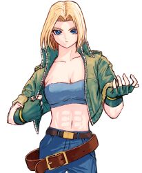Rule 34 | 1girl, abs, bamboobamboo68, bare shoulders, belt, black belt, blonde hair, blue eyes, blue mary, blue pants, blue shirt, breasts, brown belt, crop top, denim, fatal fury, fingerless gloves, gloves, green jacket, highres, jacket, large breasts, looking at viewer, midriff, muscular, navel, oversized belt, pants, parted bangs, serious, shirt, short hair, simple background, sleeveless, sleeveless shirt, solo, the king of fighters