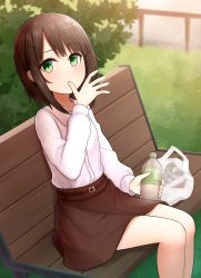 Rule 34 | 1girl, :t, absurdres, atorie, bag, belt, bench, blush, bottle, brown hair, collared shirt, drink, finger in own mouth, green eyes, highres, holding, holding bottle, holding drink, long sleeves, medium hair, on bench, original, outdoors, plastic bag, shirt, shirt tucked in, sitting, skirt, solo, spread fingers