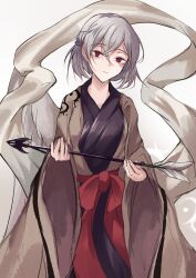 Rule 34 | 1girl, absurdres, adapted costume, alternate costume, arrow (projectile), breasts, closed mouth, grey background, grey hair, hagoromo, hair between eyes, highres, holding, holding arrow, kishin sagume, large breasts, light smile, looking at viewer, lucky chicken, red eyes, shawl, short hair, solo, touhou, wide sleeves