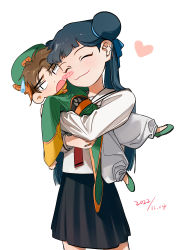 Rule 34 | 1310667090, 1boy, 1girl, absurdres, black skirt, brown hair, cardcaptor sakura, closed eyes, closed mouth, dated, green footwear, heart, highres, hug, li meiling, li xiaolang, magical boy, simple background, size difference, skirt, white background