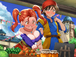 Rule 34 | bare shoulders, blush, breasts, cleavage, dragon quest, dragon quest viii, dress, earrings, hero (dq8), highres, jessica albert, jewelry, large breasts, mitsuju you, necklace, twintails