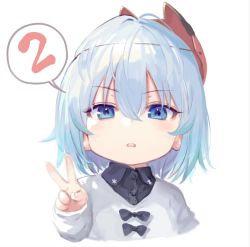 Rule 34 | 1girl, aged down, black bow, black shirt, blue eyes, blue hair, bow, child, collared shirt, finger counting, hair between eyes, hand up, looking at viewer, mask, mask on head, medium hair, parted lips, ryuuou no oshigoto!, shirabi, shirt, simple background, solo, sora ginko, spoken number, sweater, upper body, v, white background, white sweater, wing collar