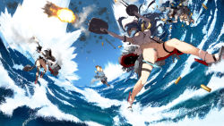 Rule 34 | 4girls, action, beret, black hair, blue eyes, blue hair, bottomless, breasts, commentary request, day, double bun, elbow gloves, female pubic hair, firing, gloves, hair bun, hairband, hamakaze (kancolle), hat, highres, isokaze (kancolle), kantai collection, large breasts, long hair, multiple girls, no pants, ocean, outdoors, panties, panties around leg, pleated skirt, pubic hair, pussy, rigging, rudder footwear, sailor collar, shell casing, short hair, skirt, takemura sessyu, tanikaze (kancolle), thigh strap, torn clothes, torpedo tubes, turret, uncensored, underwear, urakaze (kancolle), walking, walking on liquid, white gloves, white hair, white hairband, white headwear