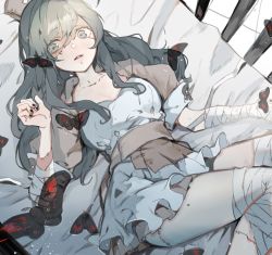 Rule 34 | 1girl, bandaged arm, bandaged leg, bandages, bibibotan, black butterfly, black nails, blue dress, bug, butterfly, collarbone, dress, from above, grey eyes, grey hair, hand up, highres, insect, long hair, looking at viewer, lying, nail polish, on back, on bed, open mouth, original, patchwork clothes, patchwork skin, scar, scar on arm, scar on face, scar on leg, short dress, shrug (clothing), sleeveless, sleeveless dress, solo, strapless, strapless dress, symbol-only commentary
