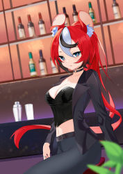 Rule 34 | 1girl, :q, absurdres, alcohol, alternate costume, animal ear fluff, animal ears, bad id, bad twitter id, bar (place), belt, black belt, black choker, black hair, black pants, black shirt, blue eyes, blurry, bottle, breasts, choker, cleavage, cocktail shaker, collarbone, collared shirt, crop top, cup, depth of field, drinking glass, earrings, floating hair, hakos baelz, highres, hololive, hololive english, jewelry, jiang ye kiri, liquor, long hair, looking at viewer, medium breasts, midriff, mouse ears, multicolored hair, navel, pants, red hair, ring, shirt, single earring, solo, streaked hair, tongue, tongue out, very long hair, virtual youtuber, white hair