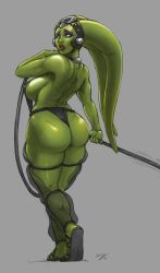 Rule 34 | 1girl, absurdres, alien, artist name, ass, ass focus, backless outfit, breasts, collar, colored skin, facing away, green skin, highres, holding, holding leash, large breasts, leash, looking at viewer, looking back, oola, sandals, sannyf, sideboob, signature, simple background, slave clothes, star wars, thong, twi&#039;lek, underwear, watermark