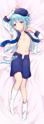 Rule 34 | 10s, 1boy, absurdres, androgynous, arms up, bad id, bad pixiv id, bed sheet, beret, blue hair, blue hat, blue shorts, buttons, collarbone, crying, crying with eyes open, dakimakura (medium), ensemble stars!, expressionless, eyebrows, from above, full body, hat, head tilt, highres, jacket, kneehighs, kneehighs pull, koji miruku, long sleeves, looking at viewer, lying, male focus, midriff, navel, nipples, on back, open clothes, open fly, open jacket, panties, purple eyes, shino hajime, shorts, socks, solo, stomach, tareme, tears, trap, unbuttoned, underwear, white jacket, white panties, white socks