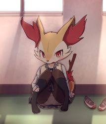 Rule 34 | 1girl, animal ears, animal hands, arm support, beige vest, black socks, blue bow, blue bowtie, blue skirt, blush, bow, bowtie, braixen, clothed pokemon, creatures (company), fang, female focus, fox ears, fox tail, full body, furry, furry female, game freak, gen 6 pokemon, indoors, kneehighs, knees together feet apart, knees up, long sleeves, looking at viewer, mei (lulufla), nintendo, no humans, on floor, open mouth, panties, pantyshot, pigeon-toed, plaid, plaid skirt, pleated skirt, pokemon, pokemon (creature), red eyes, red footwear, school uniform, shirt, shoes, sitting, skirt, sleeves past wrists, socks, solo, stick, striped bow, striped bowtie, striped clothes, sunlight, tail, underwear, uniform, unworn shoes, upskirt, vest, white panties, white shirt, window