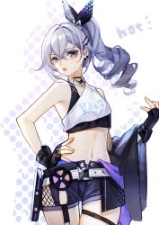 Rule 34 | 1girl, absurdres, bare shoulders, black gloves, commentary, cowboy shot, cropped shirt, drill hair, drill ponytail, ear piercing, fingerless gloves, gloves, grey eyes, grey hair, hand on own hip, highres, honkai: star rail, honkai (series), hot, jacket, unworn jacket, long hair, looking at viewer, midriff, mumian doufu, navel, open mouth, piercing, purple shorts, shirt, shorts, silver wolf (honkai: star rail), single-shoulder shirt, single drill, solo, sweat, symbol-only commentary, thigh strap, undershirt