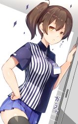 Rule 34 | 10s, 1girl, black thighhighs, brown eyes, brown hair, commentary request, dutch angle, employee uniform, hand on own hip, highres, kaga (kancolle), kantai collection, lawson, looking at viewer, meth (emethmeth), miniskirt, opening door, pleated skirt, side ponytail, skirt, solo, thighhighs, uniform, zettai ryouiki