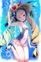 Rule 34 | 1girl, ;o, adjusting clothes, adjusting headwear, armpits, bad id, bad pixiv id, blonde hair, breasts, covered navel, drill hair, elise (fire emblem), elise (summer) (fire emblem), fire emblem, fire emblem fates, flower, frilled swimsuit, frills, hat, hat flower, highres, looking at viewer, nintendo, one-piece swimsuit, one eye closed, purple eyes, sandals, small breasts, smile, solo, straw hat, swimsuit, twin drills, twintails, yyillust