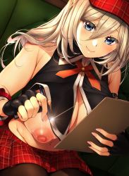 Rule 34 | 1girl, absurdres, alisa ilinichina amiella, bare shoulders, black gloves, blonde hair, blue eyes, blush, breasts, brown pantyhose, clipboard, closed mouth, couch, crop top, fingerless gloves, fingernails, gloves, god eater, hair between eyes, hat, hatori mia, highres, holding, holding clipboard, holding pen, huge breasts, long fingernails, long hair, looking at viewer, miniskirt, nail polish, navel, nipple slip, nipples, on couch, pantyhose, pen, pink nails, plaid, plaid headwear, plaid skirt, pleated skirt, red hat, red skirt, revealing clothes, sitting, skirt, sleeveless, smile, solo